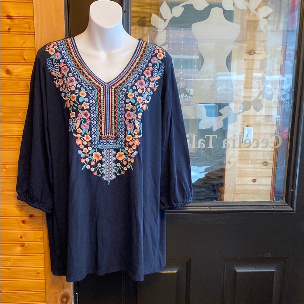 J. Jill Navy Floral Embroidered 3/4 Sleeve Top